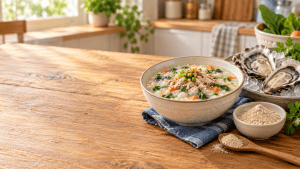 Bubur keluarga dengan oyster powder dan tiram sebagai sumber zat besi