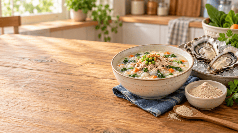 Bubur keluarga dengan oyster powder dan tiram sebagai sumber zat besi